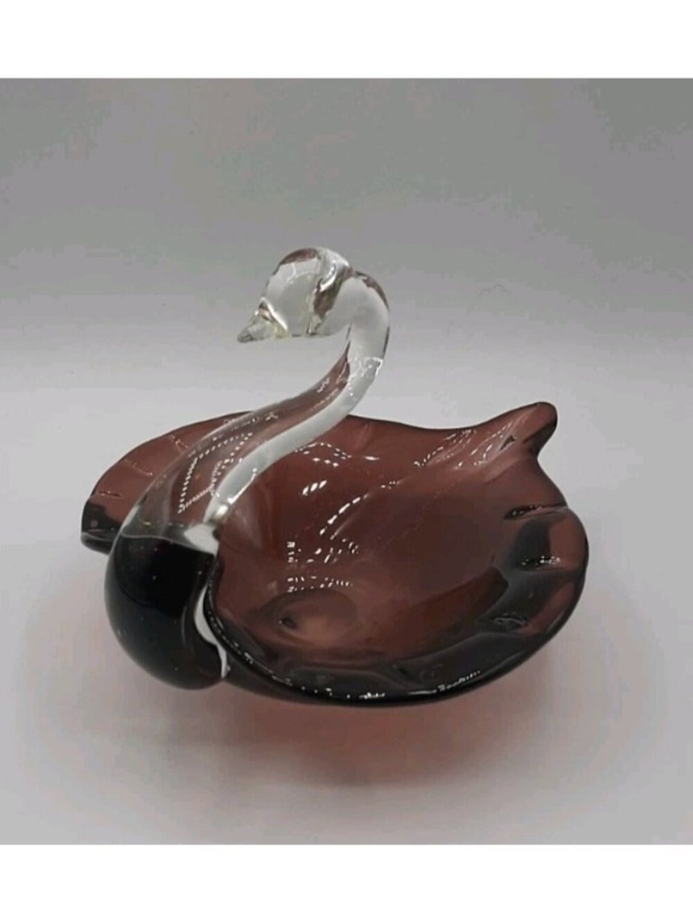 Vintage Handmade Purple Base Glass Swan Trinket Candy Dish Rare 6 1/2 In